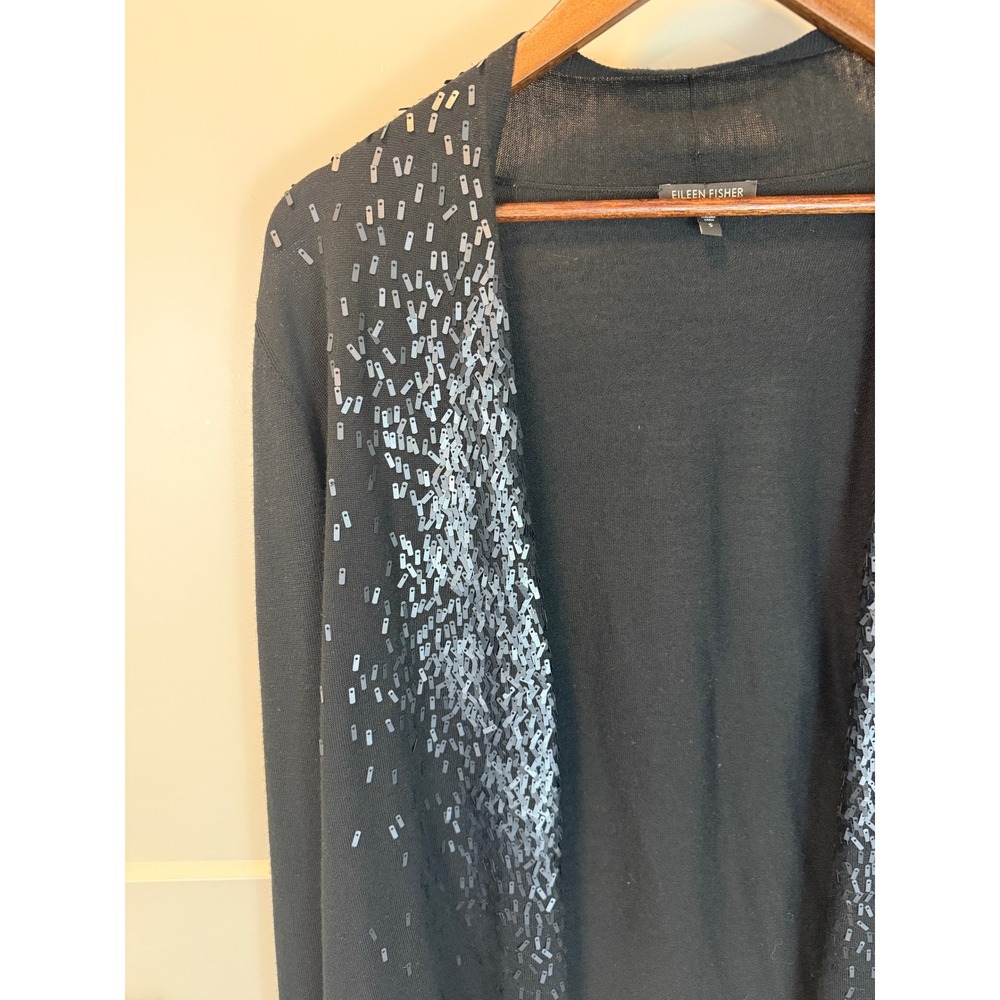 Eileen Fisher Black Wool Sparkle Sequin Festive Open Front‎ Cardigan Size S